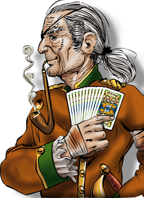 Eine illustrierte Mehrkopf-Figur mit einem Fächer Spielkarten